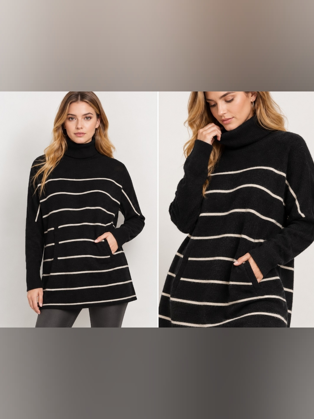 Garnet Hill Wool Cashmere Striped Turtleneck Tunic Sweater Oversized S